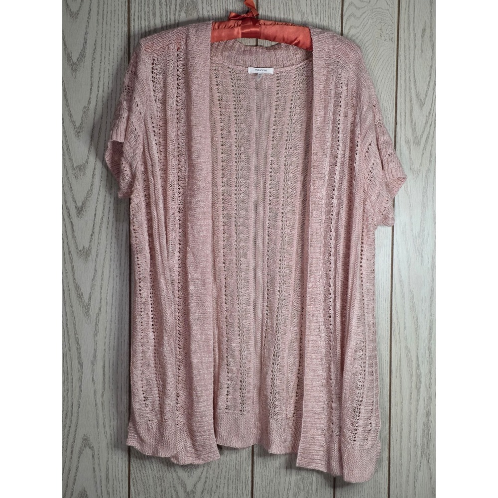 Maurices Women Pink Short Sleeve Open Front Pointelle Knit Cardigan Size 1